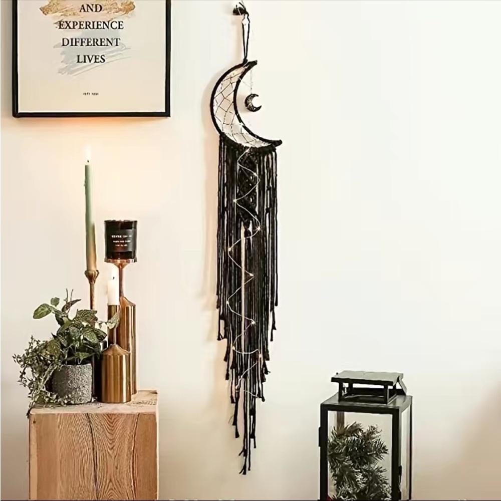 Black Bohemian Macrame Moon Dreamcatcher Magical Dreamy Wall Art w/ LED Lights